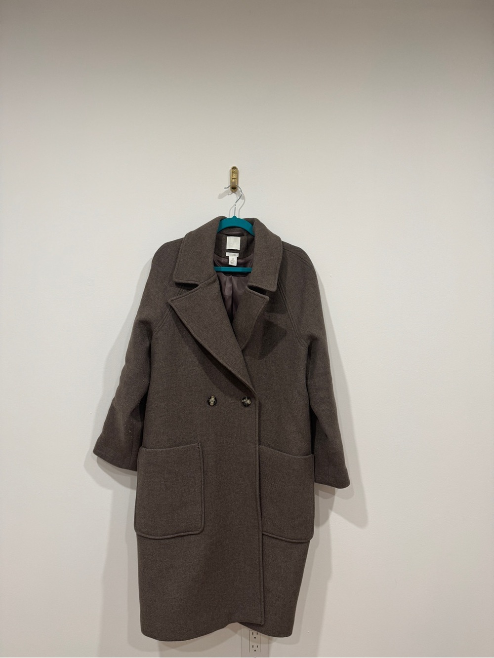 H&M Double-Breasted Oversized Wool Blend Trench Coat in Charcoal Brown